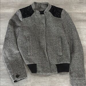 NAF NAF Gray Wool Blend Bomber Jacket Black Lace Size 38 Vintage Paris (US-6-M)